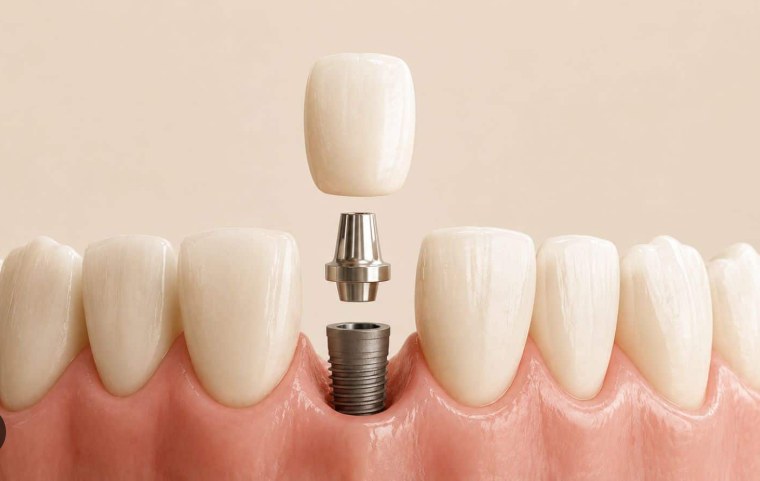 Illustration of a dental implant — titanium implant, abutment and crown replacing a missing tooth